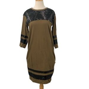 H&M Studio Women's 3/4 Sleeve Pullover Midi Dress Olive Green/Black Sequins Sz 4